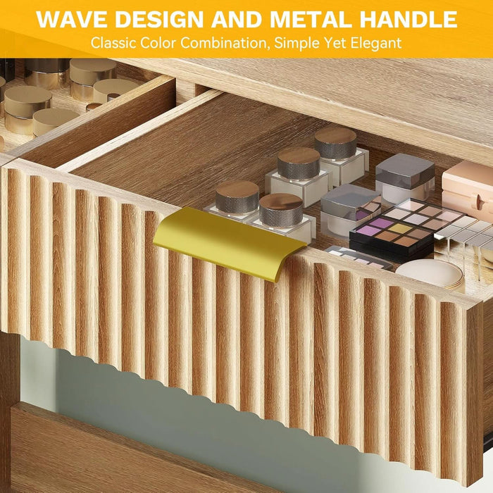 Fluted Makeup Vanity Desk with Large 27" Mirror and Lights, Modern Big Makeup Table with Power Outlet, 11 Shelves & 2 Drawers, 3 Color Lighting Modes, Dressing Table Vanity Set for Bedroom, Oak