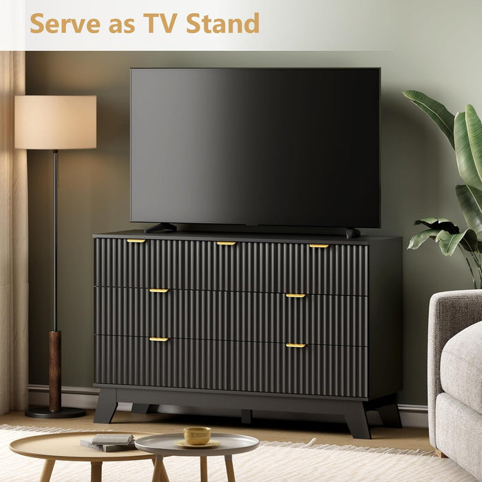 7 Drawer Fluted Dresser for Bedroom, Mid Century Modern Dresser with 7 Drawers, Dressers & Chests of Drawers with Metal Handle, TV Stand & Storage Organizer for Entryway, Hallway, Black