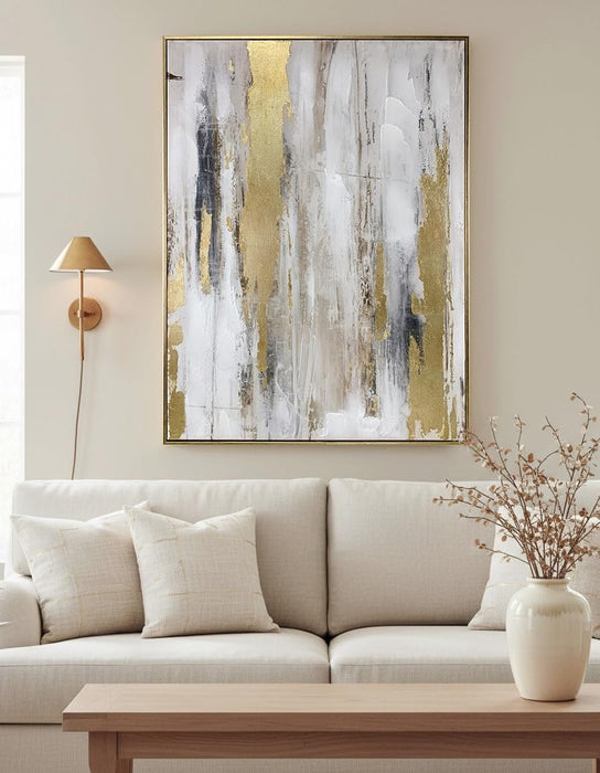 Abstract Wall Art with Gold Foil - 24 X 32 Inches Gold and Gray Canvas Print with Texture for Modern Style Decor，Framed, Ready to Hang
