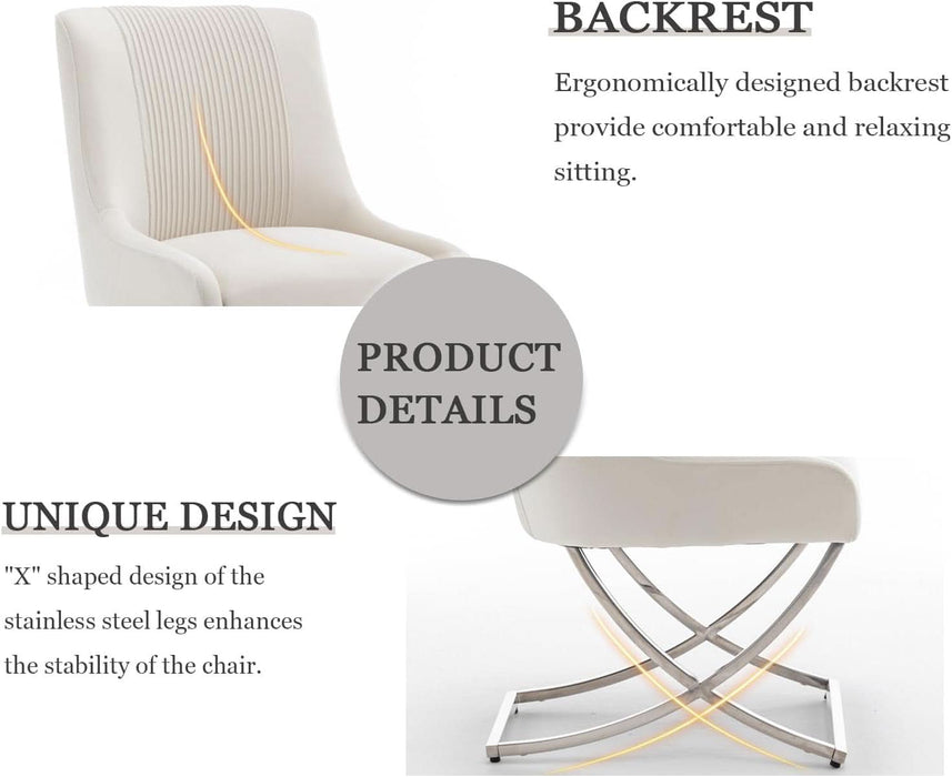 Kitchen Dining Chairs Set of 2,Accent Modern Upholstered Velevt,Contemporary Tufted Metal Chairs with X-Shaped Sliver Legs for Dining Room,Living Room, Reception Room(Beige)