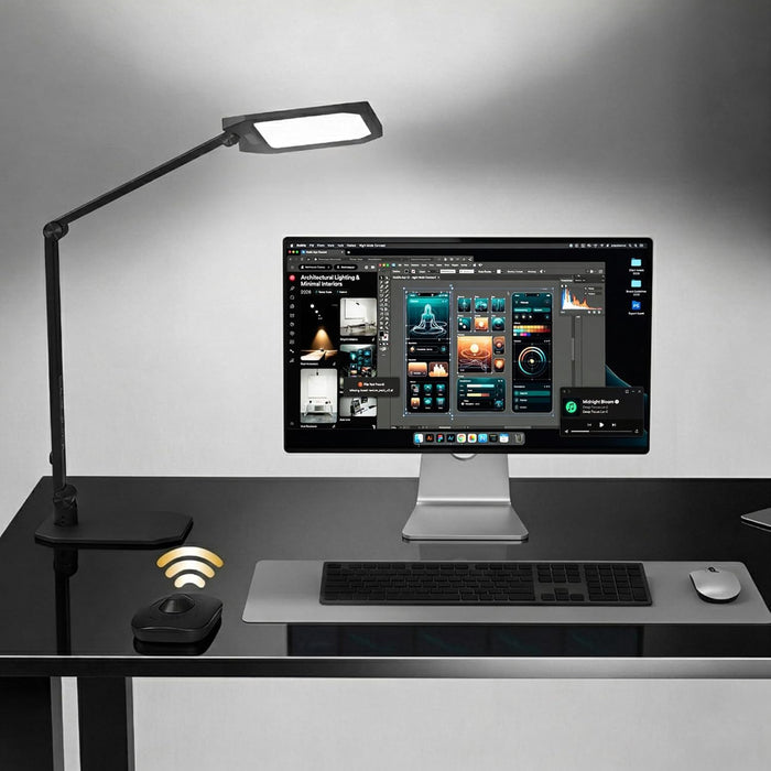 Desk Lamp for Home Office, LED Desk Lamp with Webcam Light for Video Calls, Dimmable 3000K-6500K Desk Light with Remote, Timer, Memory, Adjustable Swing Arm, CRI95+