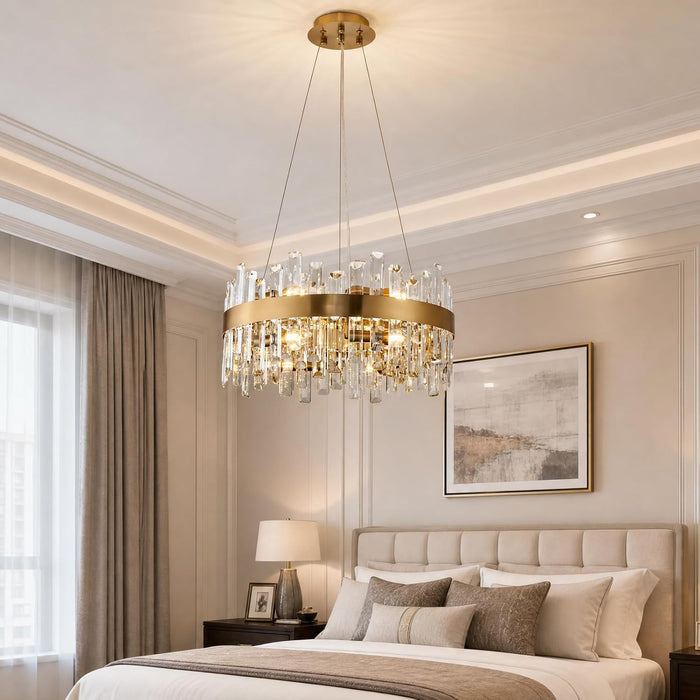Modern Crystal Chandelier, 12-Light Brass Gold K9 Crystal Raindrop Chandelier, Adjustable Height Lighting Fixture for Living Room Dining Room Bedroom Kitchen Island Entry Foyer D19.7 Inch