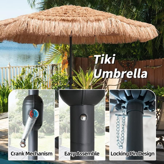 9Ft Hula Thatched Tiki Umbrella Hawaiian Style Beach Patio Umbrella and 8 Ribs with Crank Lift UPF 50+ Outdoor Tiki Bar, Tropical Palapa, Patio Garden Beach Pool Backyard Natural Color