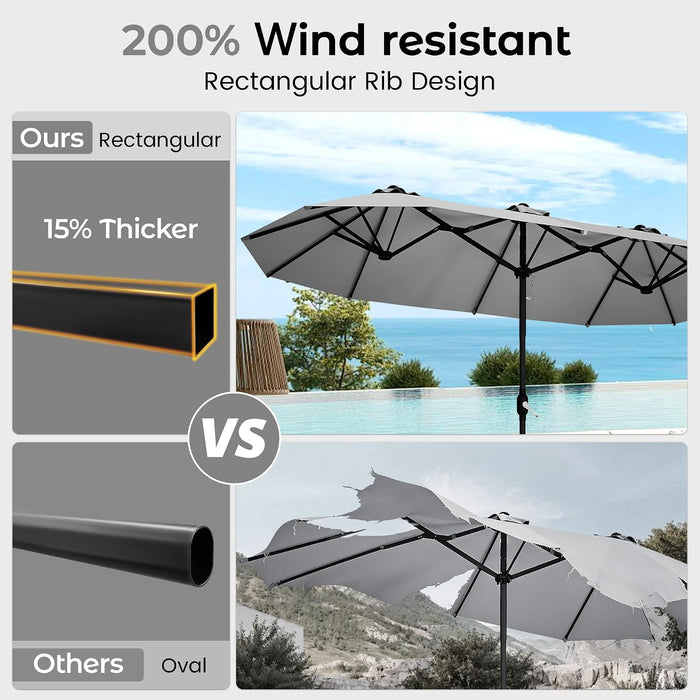 15Ft Patio Umbrella with Base,Large Outdoor Double-Sided Rectangle Umbrella with Crank Handle, Market Umbrella for Poolside Garden Deck Backyard Beach Pools, Gray