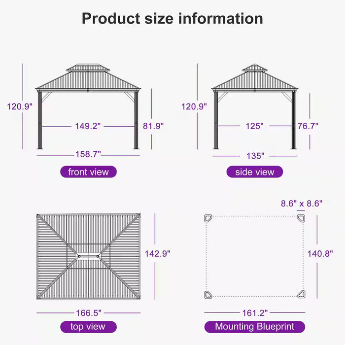 12 Ft. X 14 Ft. Light Gray Aluminum Power-Coated Frame Galvanized Steel Double Roof Hardtop Gazebo,Hooks Netting Curtain