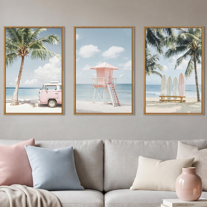 Large Beach Seascape Ocean Framed Canvas Wall Art Set,Modern Coastal Surfboard Palm Tree Wall Decor,Summer Pink Van Artwork for Living Room,Bedroom,Dining Room,Office-16 X24 X3