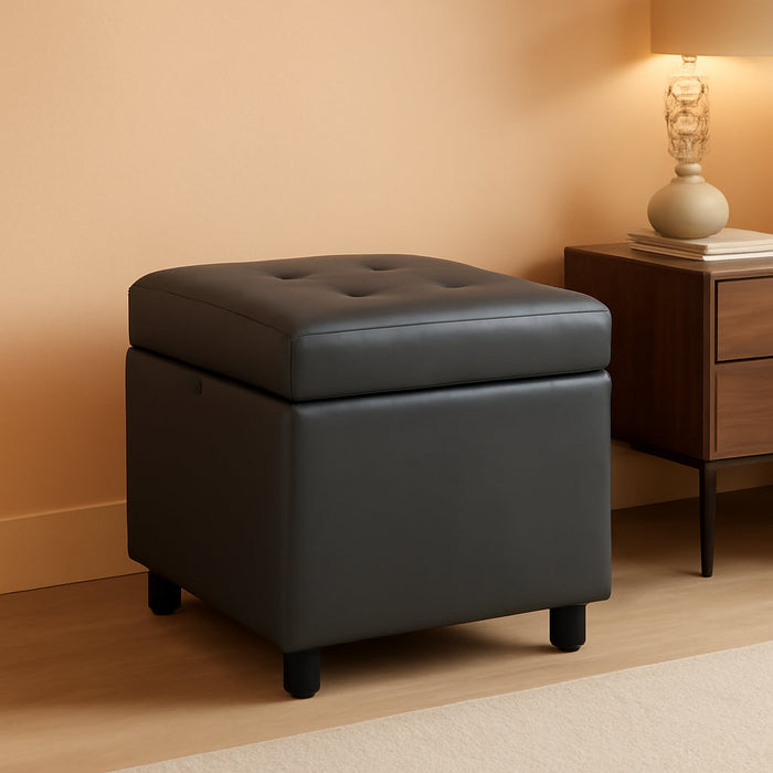 Tufted Leather Square Flip Top Storage Ottoman Cube Foot Rest (Grey with Storage)