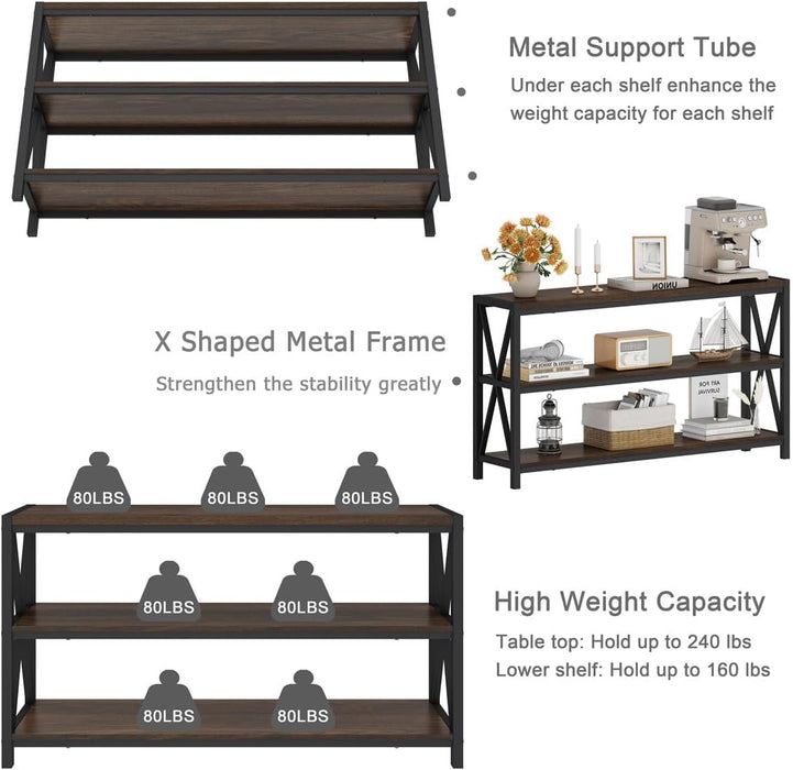 Console Table for Entryway, Modern Entry Table with 3 Tier Shelves, Couch Tables behind Sofa for Living Room (55 Inch, Dark Walnut)