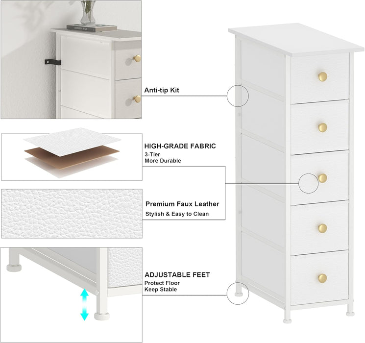 Spacesaving Ultraslim Dresser Cabinet White Five Drawers