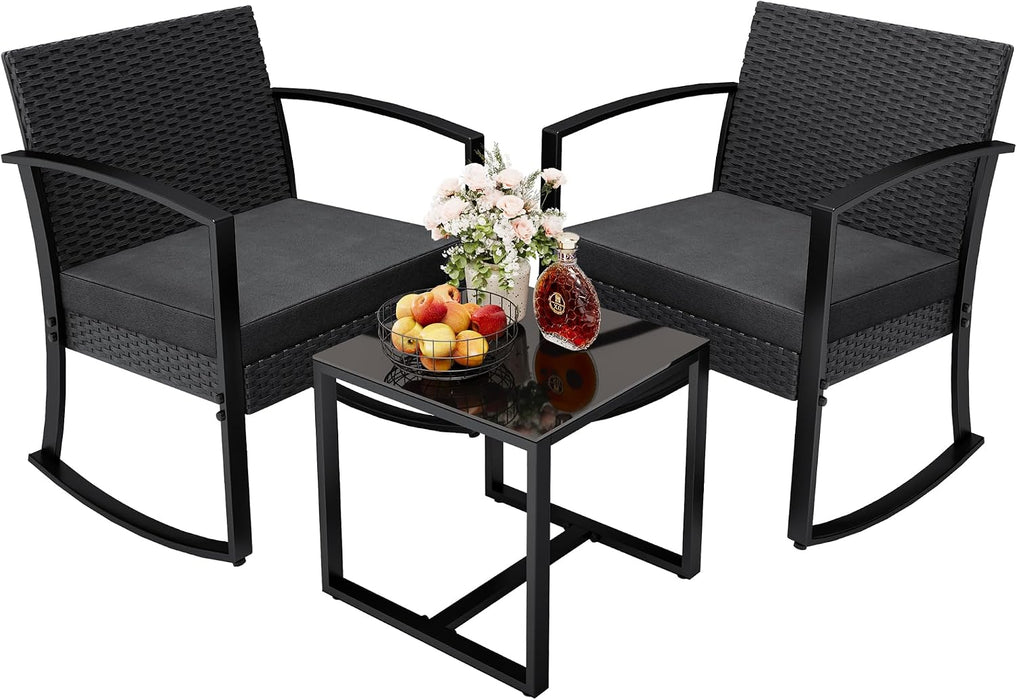 3 Pieces Outdoor Furniture Set Patio Bistro Rocking Chairs with Glass Coffee Table for Pool Beach Backyard Balcony Porch Deck Garden, Black