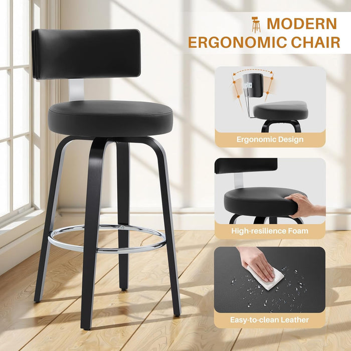 Swivel Counter Height Bar Stools Set of 3, 29" Upholstered Faux Leather Barstools with Back, Mid Century Modern Counter Stools with Black Walnut Wood Legs for Kitchen Island, Black