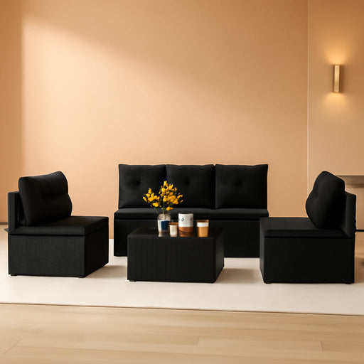 5-Piece Outdoor Patio Furniture Set, Rattan Sectional Sofa Set W/Glass-Top Coffee Table, Soft Seat & Back Cushions, Bistro Set for Garden Backyard Porch, Wicker Conversation Set (Black)