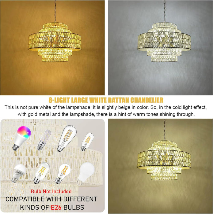 White Chandelier Large Rattan Lights for Living Room 8-Light