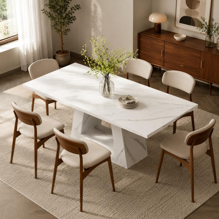 63" Modern Faux Marble Dining Table for 6, Rectangle, White | Kitchen Table, for 4-6 People, MDF, Faux Marble Finish, Heavy Duty Pedestal, for Dining Room, Kitchen, Living Room, White