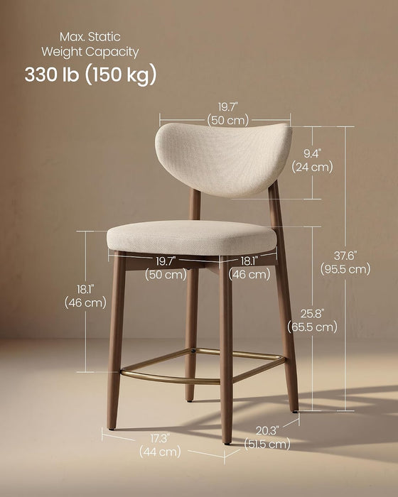 VASAGLE Wooden Bar Stools Set of 2, Linen-Look Fabric, Cappuccino Beige | Barstools with Solid Wood Legs, Ergonomic Backrest, Mid Century Modern, for Kitchen Island, Linen-Look Fabric