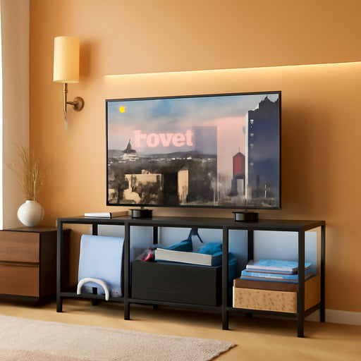 TV Stand with LED Lights, Entertainment Center with Open Shelves and Fabric Drawer, Media Console for 55 Inch TV, Television Stands for Living Room, Bedroom, Black