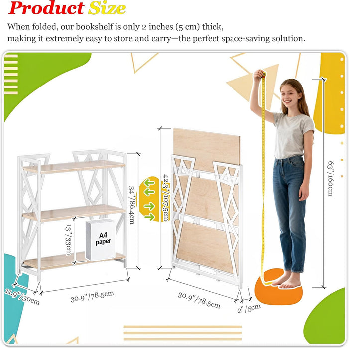No Assembly Wide Folding Bookshelf, 34" H X 30.9" W, 3 Tier Foldable Book Shelf Industrial Bookcase, Vintage Collapsible Storage Shelves for Home Office Living Room Bedroom, Light Oak White