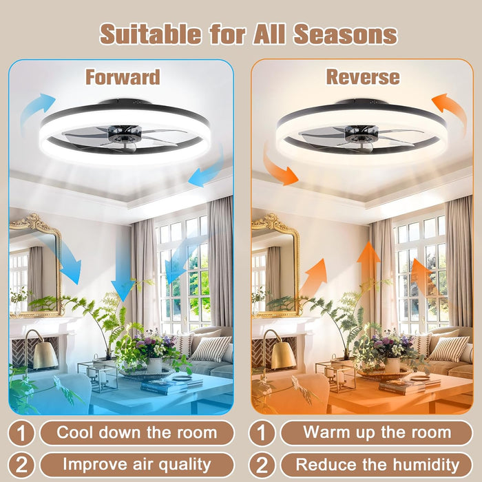 Low Profile Ceiling Fans with Lights and Remote, 23.6In Flush Mount Ceiling Fans with Light, 3000K-6500K Dimmable Fandelier LED Fan Light, Bladeless Ceiling Fan with Lights for Bedroom(Black)