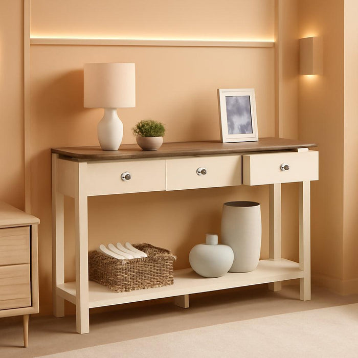 LIRY Collection - Console Table with 3 Drawers and Open Storage Shelf, Narrow Entryway Sofa Table for Living Room, Farmhouse Style, Metal Corners, Honey Brown and Rustic White ULNT142WJ02S