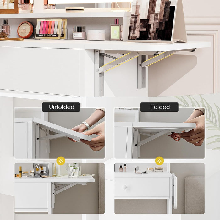 Small Vanity Desk with Mirror and Lights, Makeup Vanity with Charging Station, Compact Dressing Table Set with Storage Chair, Drawer and Shelves for Bedroom, White