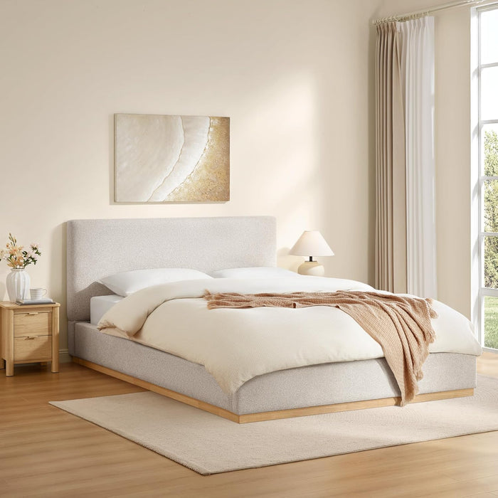 Upholstered Queen Size Bed Frame, Boucle Fabric Platform Bed Mattress Foundation Noise-Free No Box Spring Needed Easy Assembly