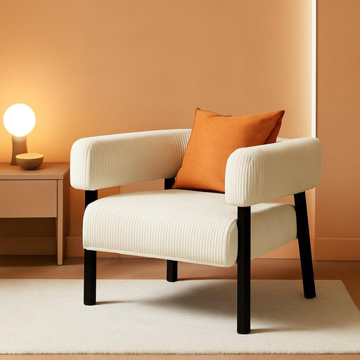 Corduroy Barrel Accent Chair Set of 2, Modern Upholstered Armchair with Solid Wood Legs, Cozy Leisure Chair with Pocket Coiled Seat for Living Room, Bedroom, Reading Nook Beige