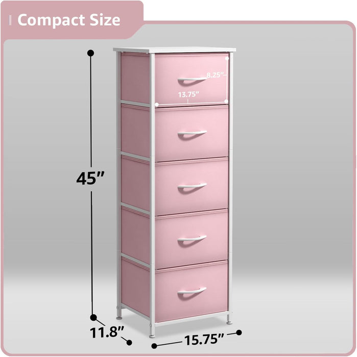 Fabric Dresser for Kids Bedroom - Chest of 5 Drawers, Tall Storage Tower, Clothing Organizer, for Closet, for Playroom, for Nursery, Steel Frame, Fabric Bins - Wood Handle (Pink)
