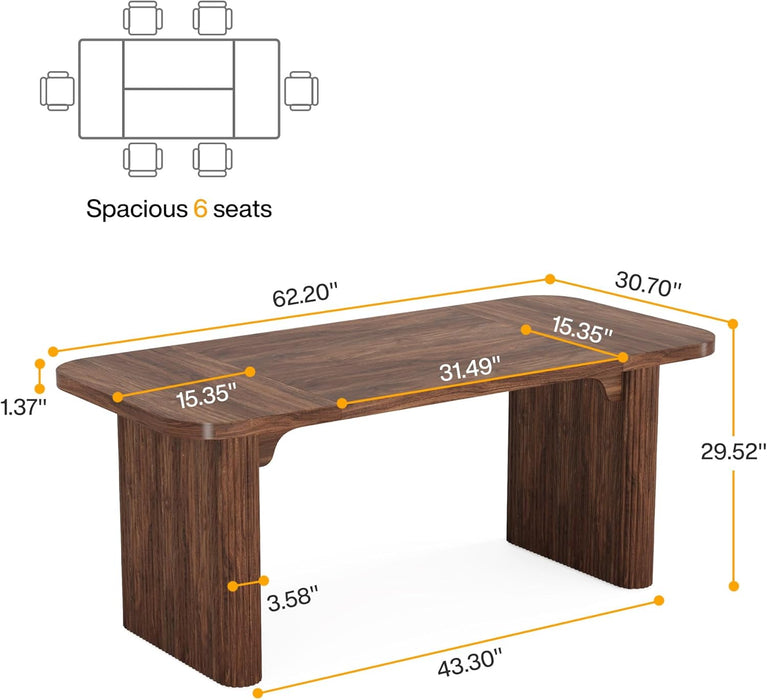 Dining Table for 4-6, Rectangular Wood Kitchen Tables with Double Pedestal, 62-Inch Dinner Tables for Dining Room, Living Room, Easy Assembly, Only Table (Dark Brown)