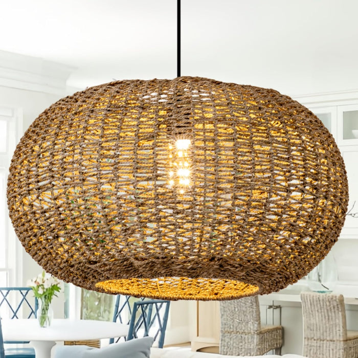 19.7In Rattan Light Coastal Pendant Lights Brown Wicker Chandelier