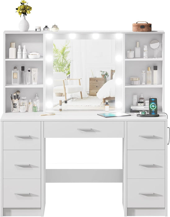 Vanity Desk with Mirror and Lights, Power Outlet, Makeup Vanity with 7 Drawers and 6 Shelves, Dressing Vanity Table Vanity Set for Bedroom, White