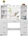 Vanity Desk with Mirror and Lights, Power Outlet, Makeup Vanity with 7 Drawers and 6 Shelves, Dressing Vanity Table Vanity Set for Bedroom, White