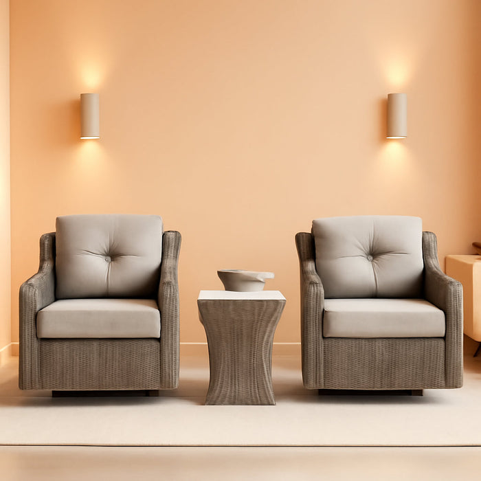 3 Pieces Wicker Patio Bistro Set, Outdoor Furniture Set with 2 Pieces Rattan Rocking Swivel Chairs, Thickened Cushions and Side Table, Brownish Grey Cushions with Grey Wicker