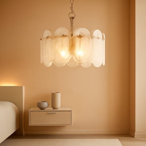 Modern Gold Chandelier, 18.3’’ Luxury Glass Chandelier for Dining Room Clound Glass 3-Light Drum Pendant Light Fixture for Bedroom Kitchen Island Entryway