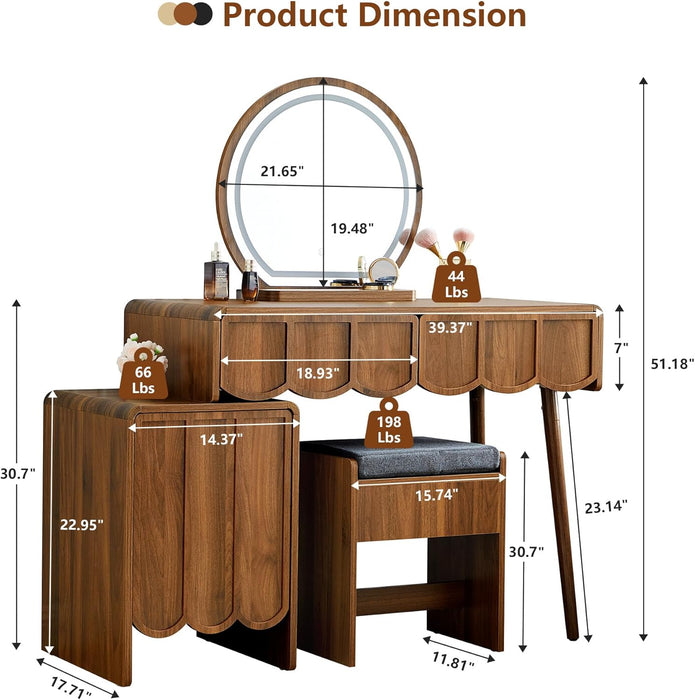 Vanity Desk with Mirror and Lights, Modern Wood Wave Panel Vanity Desk Set Makeup Table with Drawers and Cabinet, Dressing Table with Storage for Bedroom, Walnut