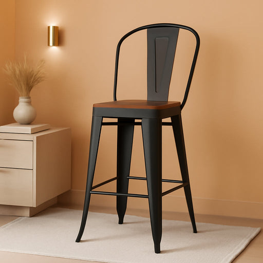 24" Swivel Metal Bar Stools Set of 4, High Back Counter Height Barstools Industrial Dining Bar Chairs with Large Wooden Seat-Matte Black