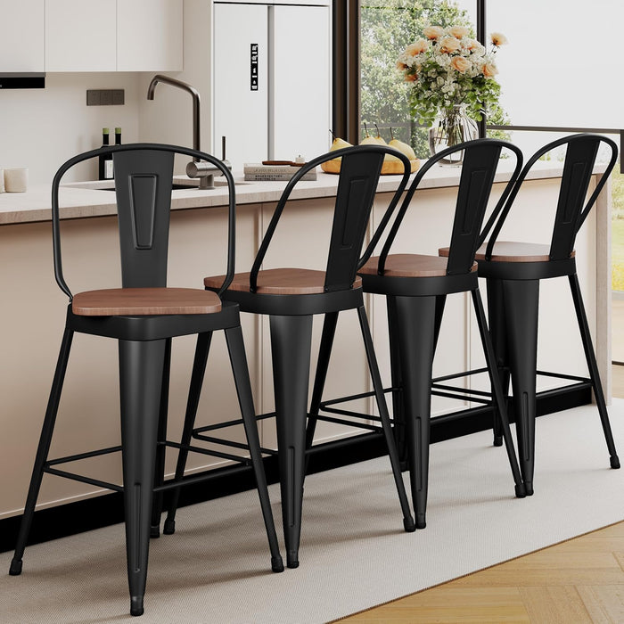 24" Swivel Metal Bar Stools Set of 4, High Back Counter Height Barstools Industrial Dining Bar Chairs with Large Wooden Seat-Matte Black