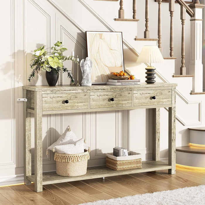 Farmhouse Console Table with 3 Drawers, 47 Inch Wood Sofa Table with Storage Shelf for Living Room, behind Couch, Entryway Table for Hallway, Living Room, or Foyer, Light Rustic Oak