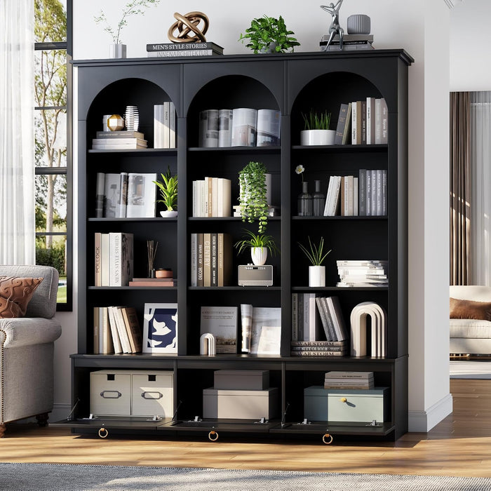 71" Tall Triple Wide Bookshelf with Doors, 5-Tier Large Arched Bookcase | with Cabinets, Modern Bookcases with 15 Storage Shelves, Wood Book Shelf for Living Room, Home Office, Black