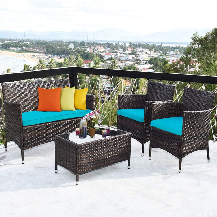 8 Pieces Patio Rattan Conversation Set with Tempered Glass Coffee Table & Thick Cushion, Wicker Set for Garden, Lawn, Poolside and Backyard