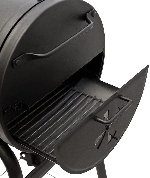 ® Patio Pro Charcoal Grill and Smoker with Cast Iron Grates, Premium Wood Shelf and Damper Control, 250 Cooking Square Inches in Black, Model E1515