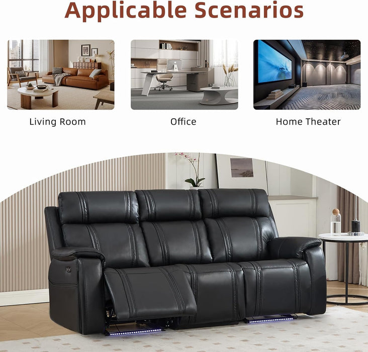 Power Recliner Sofa Set with Flip Middle Backrest, Living Room Furniture Sets, Leather 3 Seater Reclining Sofa Couch with Ambient Lighting, Cup Holders, Side Pocket for Living Room, Black