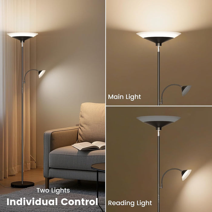 Upgraded 2-In-1 Torchiere Floor Lamp, Dimmable Standing Lamp with Remote&Button Control, 34W Brightness Adjustable Floor Reading Light, Black Modern Corner Lamp for Living Room Bedroom Office