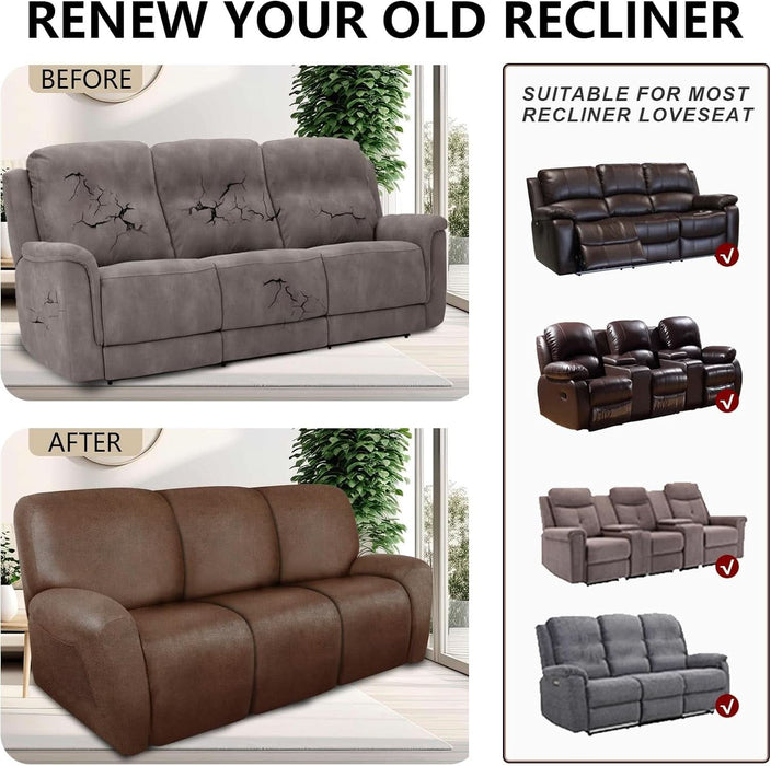 Recliner Couch Cover Leather Look Recliner Sofa Covers for 3 Cushion Reclining Sofa Slipcovers 8-Piece Furniture Protector Spandex Fabric Washable (3 Seater, 01 Brown)
