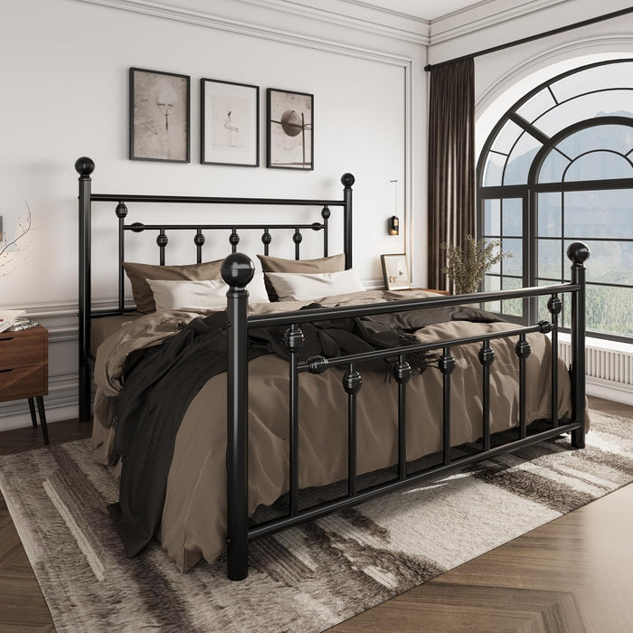 14" Queen Size Metal Platform Bed Frame/Victorian Headboard and Footboard/Steel Slats Mattress Foundation for Storage/No Box Spring Needed/Noise Free/Black