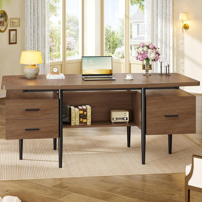 70.9" W X 27.6" D Office Desk with 3 Drawers, Modern Computer Desk with Storage, Home Office Desks with File Drawer, Privacy Panel, Large Executive Desk, Brown