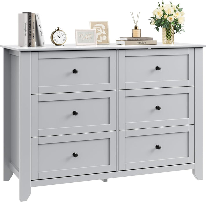 Grey 6 Drawer Dresser for Bedroom, Large Dresser with Deep Drawers & Metal Knobs, Modern Wooden Chests of Drawers for Entryway, Hallway