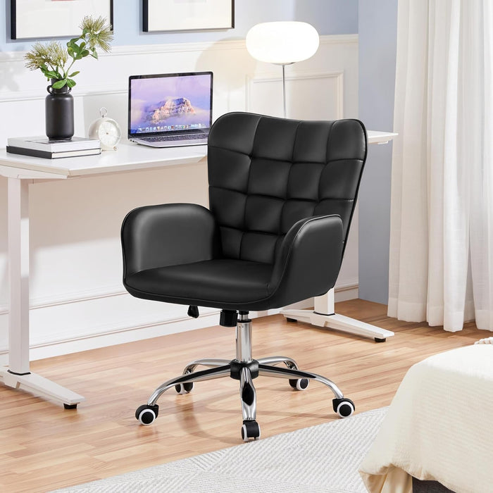 Faux Leather Office Chair Modern Vanity Chair Ergonomic Adjustable Computer Chair with Wide Seat, Padded Armrests for Living Room, Bedroom Black