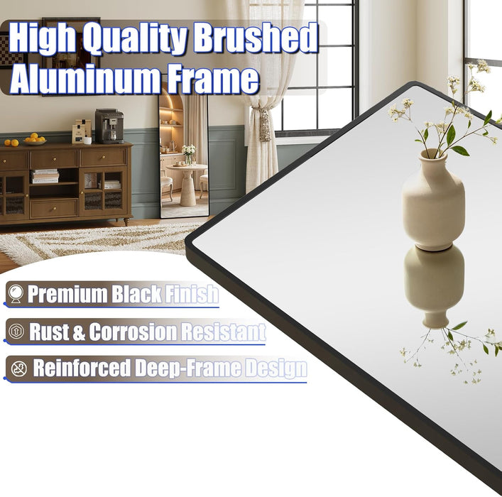 57"X21" Rectangle Full Length Mirror, Black Aluminum Frame Floor Mirror with Stand, HD Shatterproof Glass & Rust-Proof Body Mirror for Bedroom, Living Room, Bathroom, Entryway