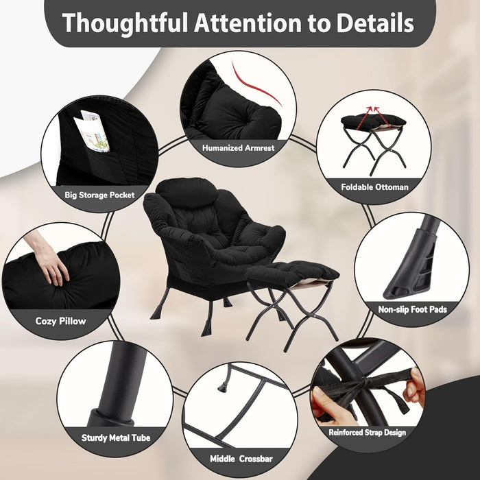 Lazy Chair with Folding Ottoman, Accent Chair Velvet Upholstered with Metal Structure and Non-Slip Pads, Sofa Armchair with Footrest and Side Storage Bag for Dorm, Room, Office, Black