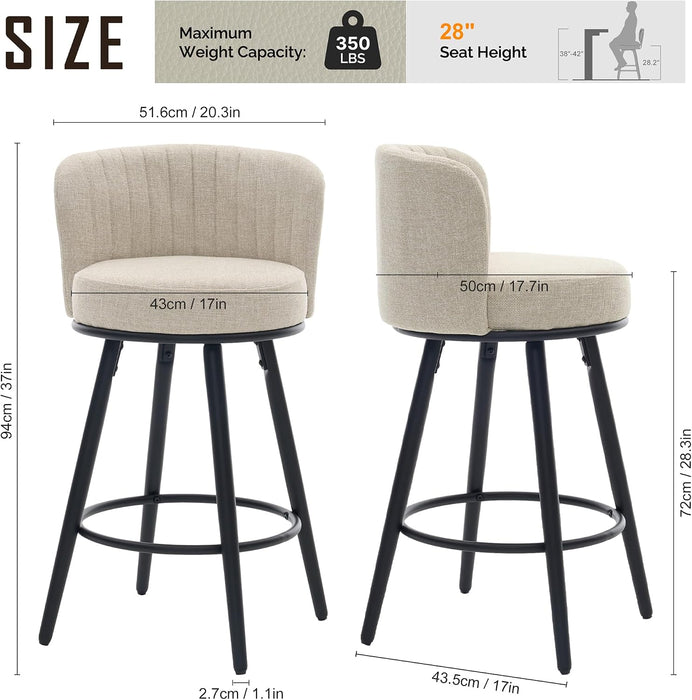 Swivel Bar Stools Set of 2, 28" Seat Height, Modern Design | Upholstered Barstools with Back and Footrest, Metal Legs, Suitable for Kitchen Island, Counter, Dining Room